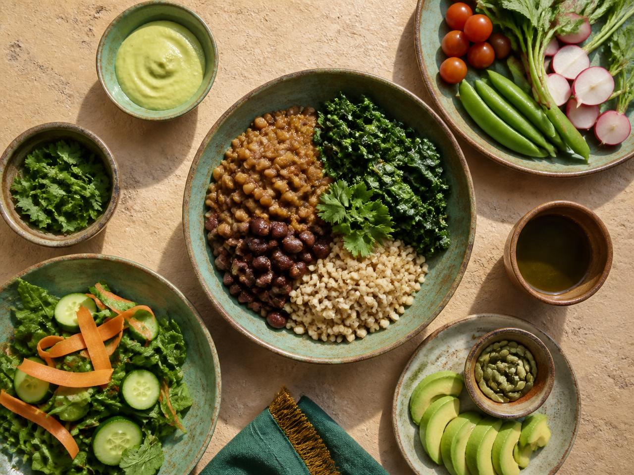 Bowls of legumes, sorghum and fresh vegetables from the Pivio meal planner